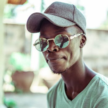 Cool portrait of a man wearing sunglasses and a cap, exuding confidence in an outdoor setting